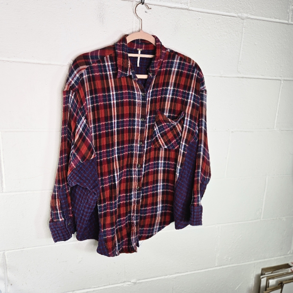 Free People One Of The Guys Plaid Double Gauze Textured Button Down Shirt - Picture 10 of 10